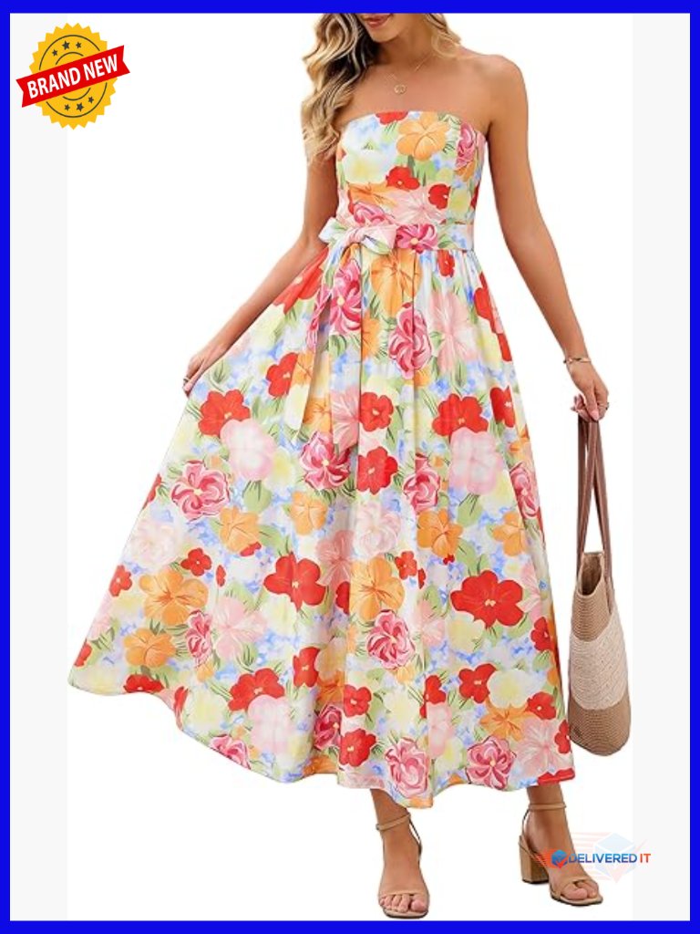Strapless Tube Boho Floral Maxi Dress Smocked High Waist Sides Pockets